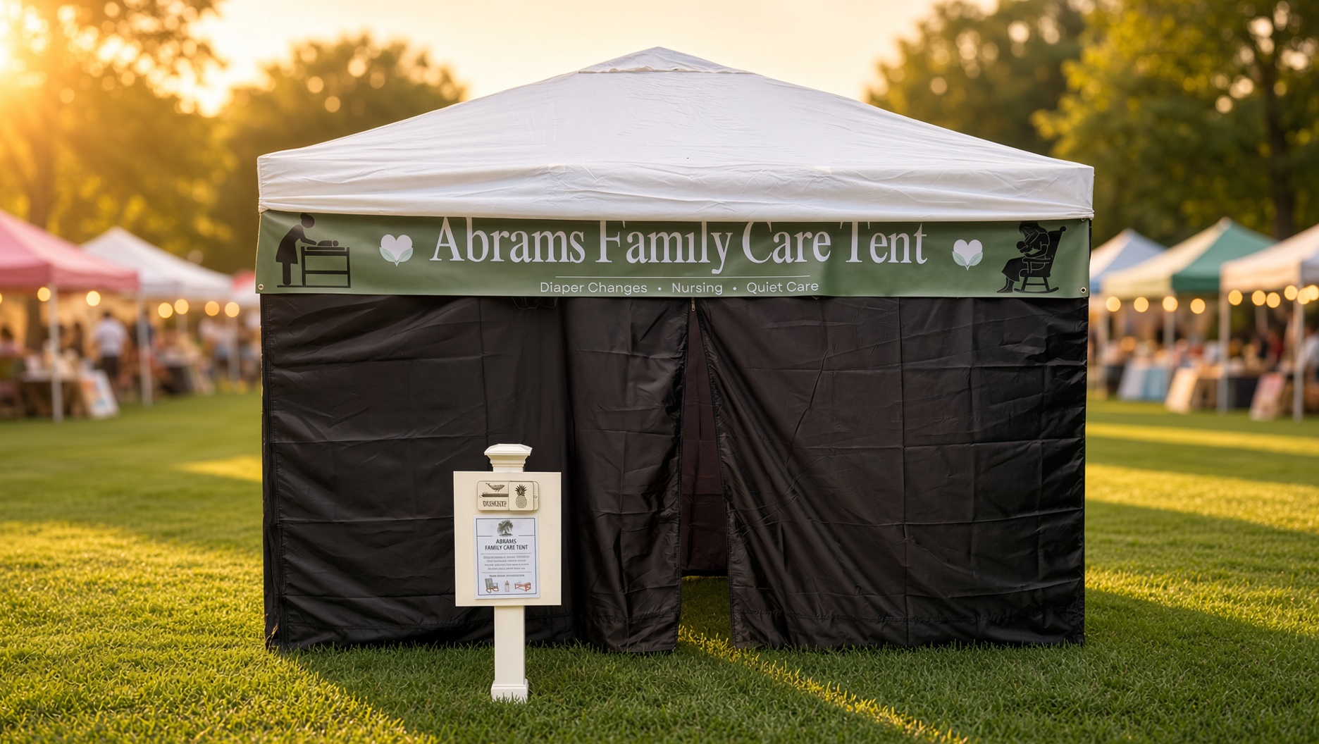 Abrams Family Care Tent, a white 10x10 canopy with olive banner and black privacy walls